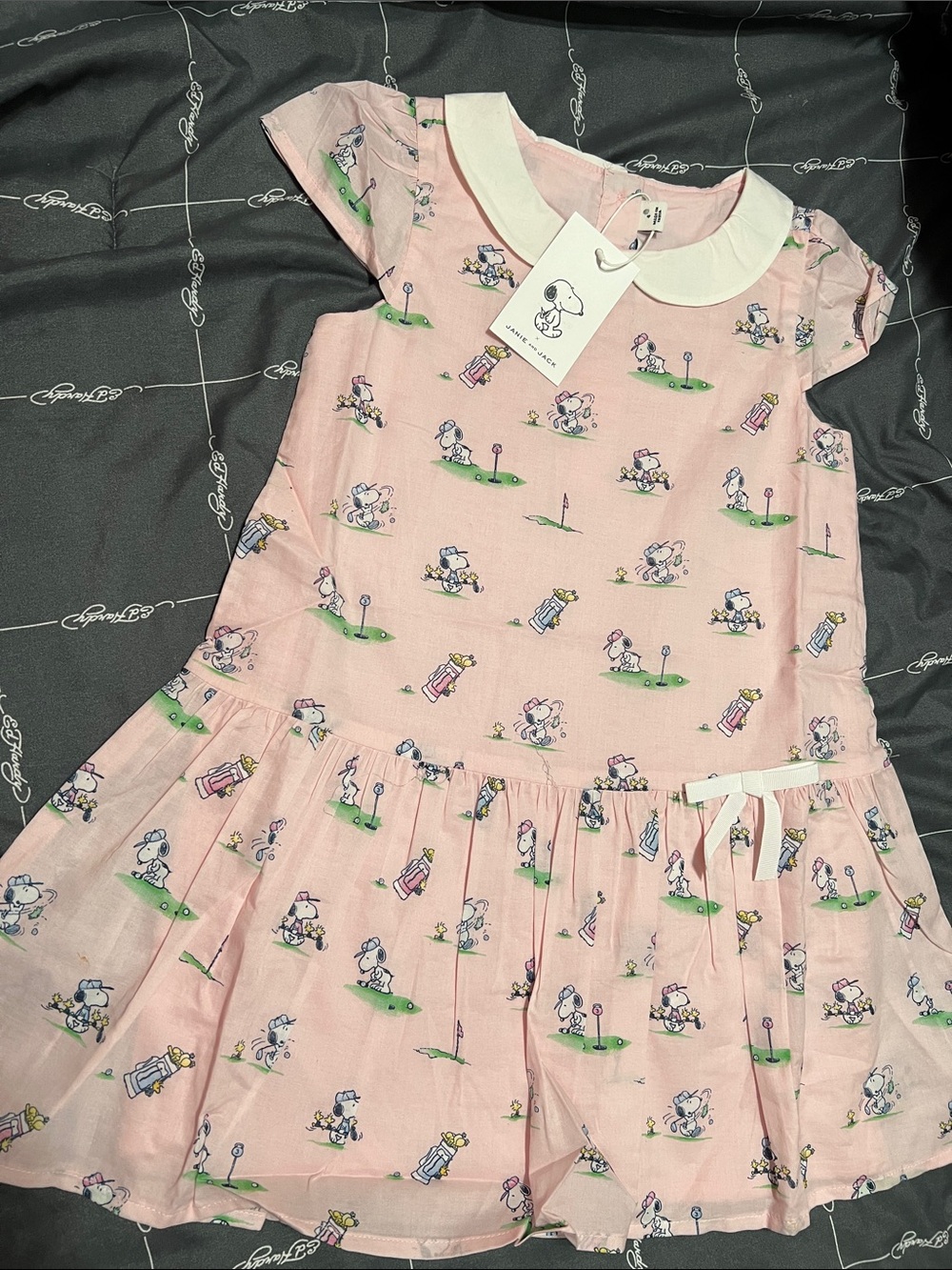 Janie and Jack Peanuts Pink Snoopy Golf Print Dress with White Peter Pan Collar